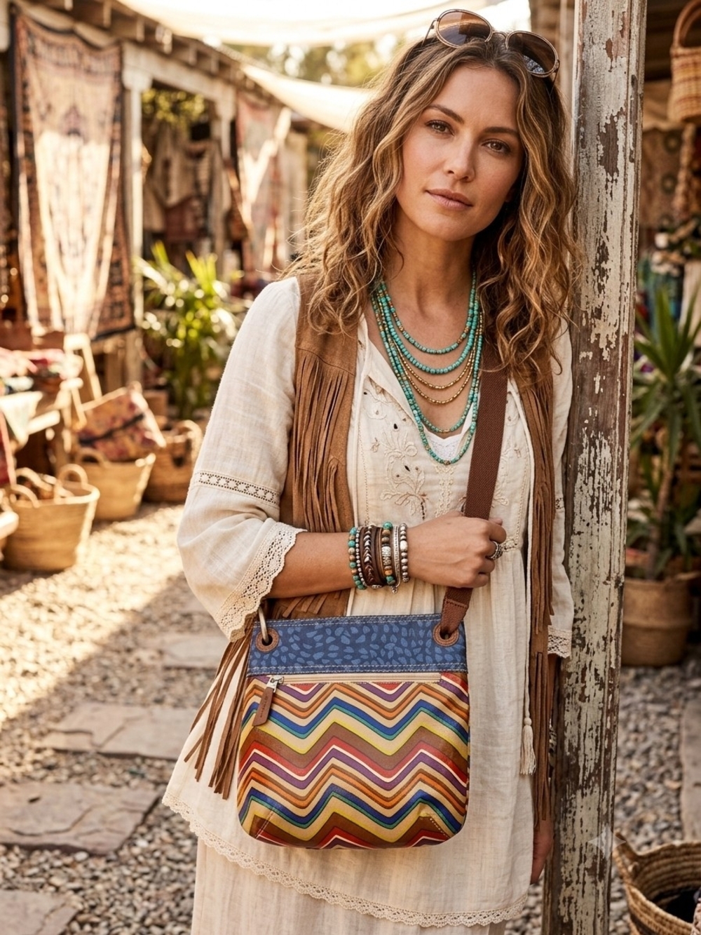 Fossil Chevron Multi-Color Crossbody Bag with Blue Top Panel - Picture 1 of 12